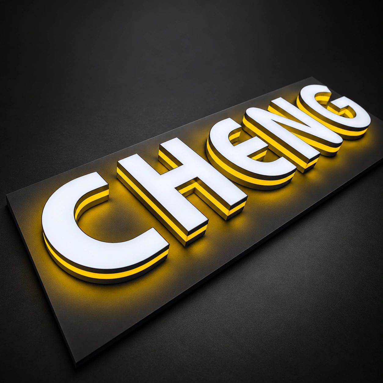 CHENG dimensional LED letters with white acrylic faces and yellow illuminated sides
